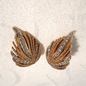 Vintage Crown Trifari Clip On Earrings Gold Tone With Rhinestones, 1 1/8" Wide